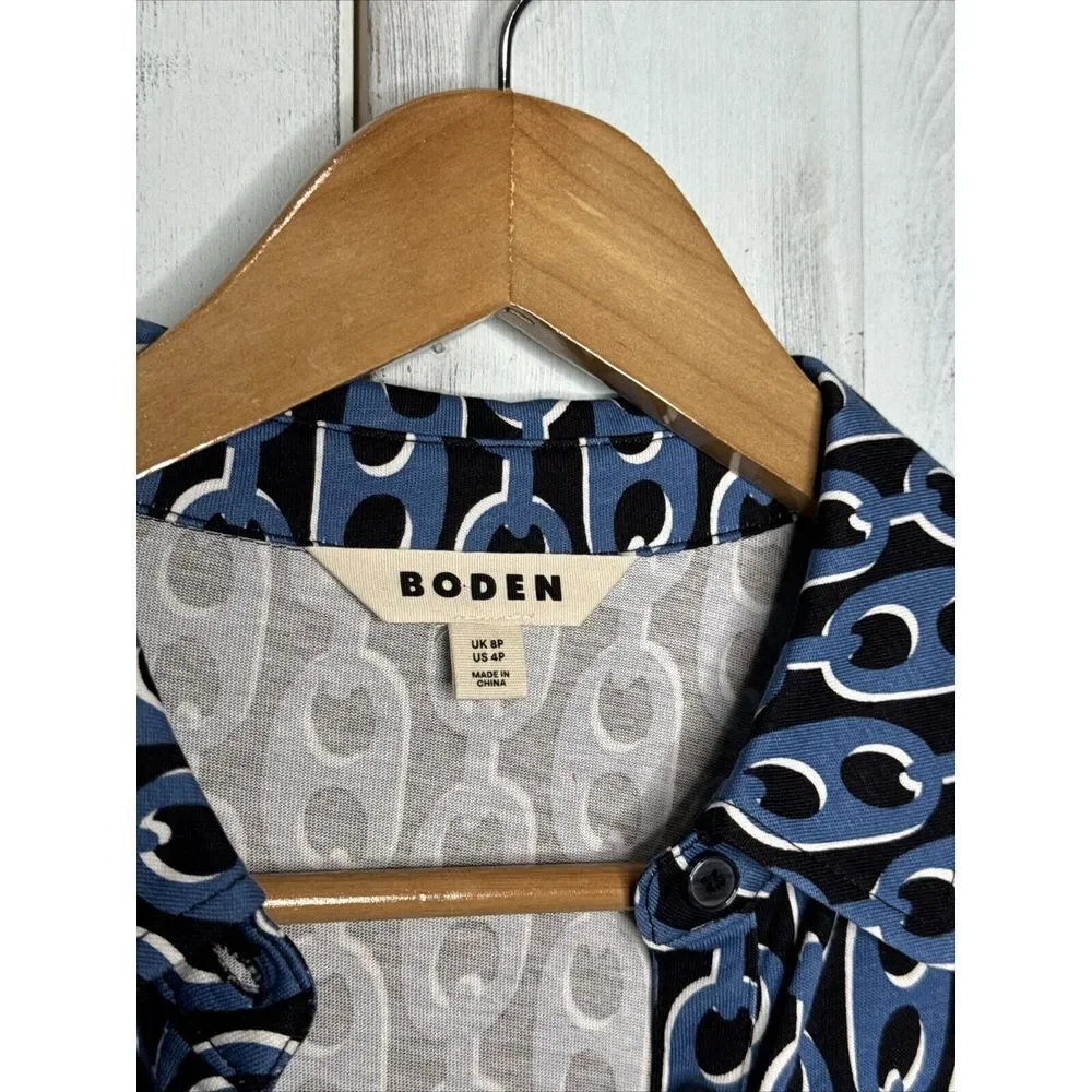 Boden Laura Shirt Dress 4P Petite Tencel Jersey Azure Blue Geo Chain Midi Belted - Picture 6 of 13